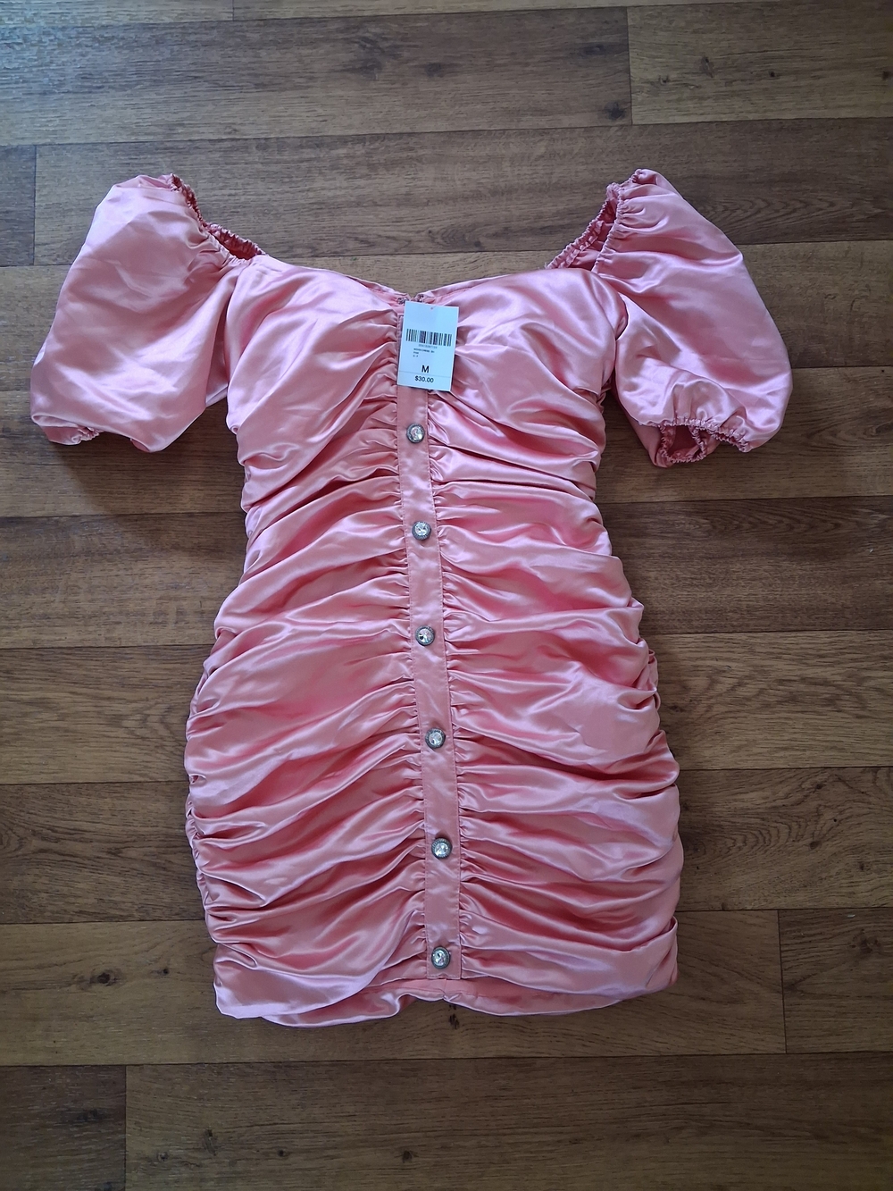Satin Pink Ruched Puff Sleeve Mini Dress - Picture 2 of 5